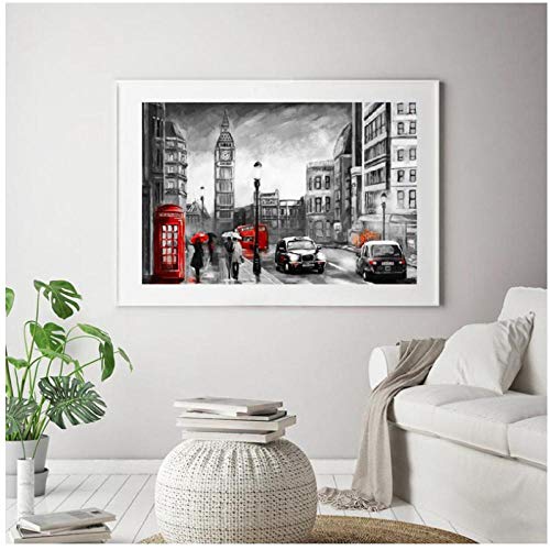 DLFALG London Street Paisaje Pintura al óleo Impresión en lienzo Pareja romántica y paraguas rojo Obra de arte Cartel de la imagen Decoración de arte de pared para el hogar 42x60cm sin marco