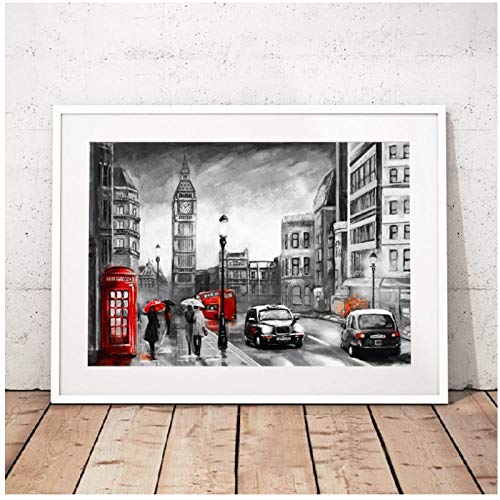 DLFALG London Street Paisaje Pintura al óleo Impresión en lienzo Pareja romántica y paraguas rojo Obra de arte Cartel de la imagen Decoración de arte de pared para el hogar 42x60cm sin marco