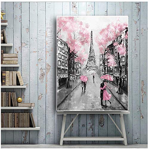 DLFALG Pintura al óleo de la ciudad de París Impresión Pareja de la Torre Eiffel con paraguas en la calle Arte de la pared Imagen Póster Pintura de la lona Decoración para el hogar 40X50cm sin marco