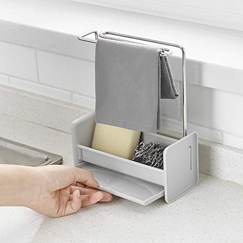 DMFSHI Estante Esponja Cocina, Organizador Fregadero, Toallero De Acero Inoxidable y Soporte De Esponja De Cepillo De Plástico Con Bandeja De Drenaje Extraíble (Gris)