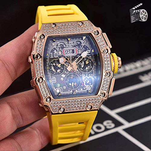 DMZZYGJR Marca Nuevo Negro Rojo Goma Hombres Reloj Zafiro Mecánico Automático Oro Rosa Completo Diamantes Helados Calendario Amarillo