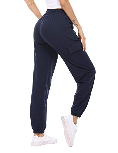 Doaraha Pantalones Deportivos Mujer Algodón Pantalón de Chándal Largo Elásticos Transpirables con Bolsillos Laterales para Deporte Gimnasio Fitness Correr (Azul Marino, L)