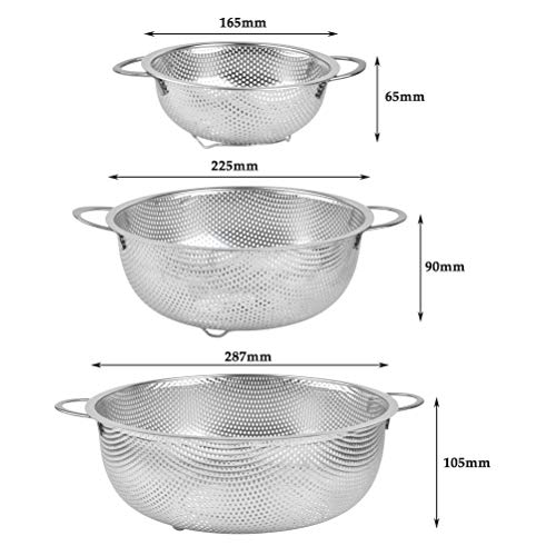 DODUOS Juego de 3 Coladores de Cocina de Acero Inoxidable Escurridor de Acero Inoxidable Drenaje Cesta para Arroz Frutas Verduras