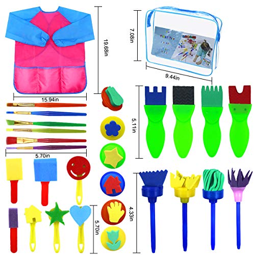 Dokpav 52PCS Niños Esponja Pintura Cepillos Kit, Herramientas de Dibujo para Niños, Cepillos de Pintura de Esponja, Delantal de Pintura, Esponja de Cepillos de Pintura Set para Arte Artesanía DIY