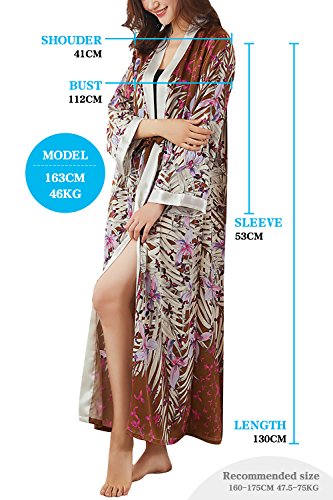 Dolamen Mujer Vestido Kimono Satén, Camisón para Mujer, Flores Florales Robe Albornoz Dama de Honor Ropa de Dormir Pijama, Estilo Largo 2018 Estilo (Ancho del Busto: 112cm, Marrón)