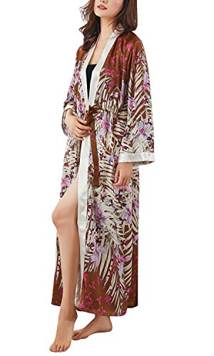 Dolamen Mujer Vestido Kimono Satén, Camisón para Mujer, Flores Florales Robe Albornoz Dama de Honor Ropa de Dormir Pijama, Estilo Largo 2018 Estilo (Ancho del Busto: 112cm, Marrón)