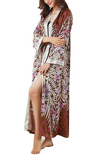 Dolamen Mujer Vestido Kimono Satén, Camisón para Mujer, Flores Florales Robe Albornoz Dama de Honor Ropa de Dormir Pijama, Estilo Largo 2018 Estilo (Ancho del Busto: 112cm, Marrón)