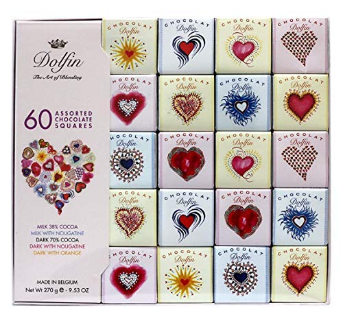 Dolfin Surtido de 60 Mini Carrè Corazón Impresión en Chocolate con Leche 38%, Leche y Nougatina, Fudge 70%, Oscuro y Nougatine, Oscuro y Naranja - 1 x 270 gramos