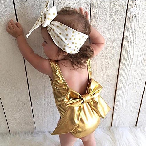 Domybest Infant bébé sans manches creux JumpSuit Barboteuse Filles Big Nœud Doré Body 0–24 mois Photographie Props or doré 3-6 M