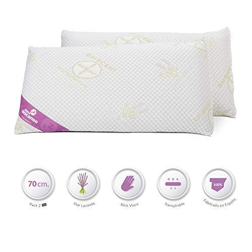 Don Descanso Pack 2 Almohadas Viscoelástica de Copos 70cm, Firmeza Media, Ergonómicas, Adaptables a Cabeza y Cuello, Transpirables, Tejido Strech. Fabricadas en España. Ideal para Dormir de Lado