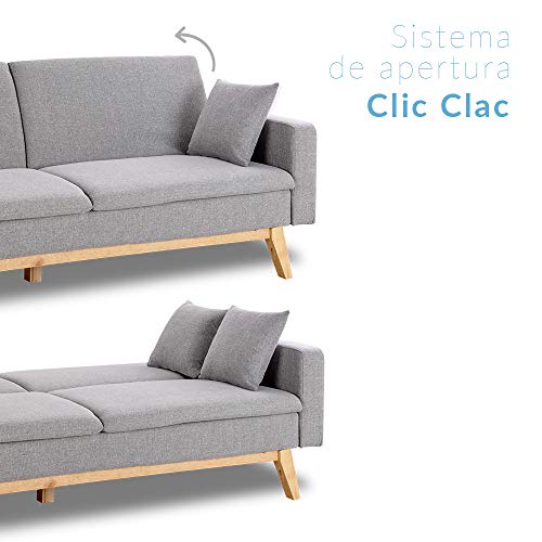 Don Descanso, Sofá Cama 3 plazas Reine, Tapizado en Tela, Color Gris Claro, Sistema Apertura de Libro o Clic-clac, Medida sofá: 206x74x83 cm, Medida Cama: 206x99x83 cm, Incluye 2 Cojines