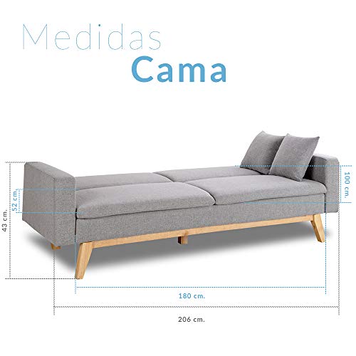 Don Descanso, Sofá Cama 3 plazas Reine, Tapizado en Tela, Color Gris Claro, Sistema Apertura de Libro o Clic-clac, Medida sofá: 206x74x83 cm, Medida Cama: 206x99x83 cm, Incluye 2 Cojines