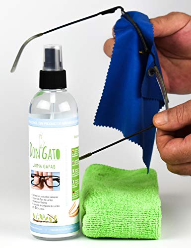 Don Gato - Liquido Limpiador en Spray para Gafas y Lentes (250 ml) + 2 paños de Micro Fibra. Fabricado en España con Productos Naturales, sin Alcohol, sin amoniaco.