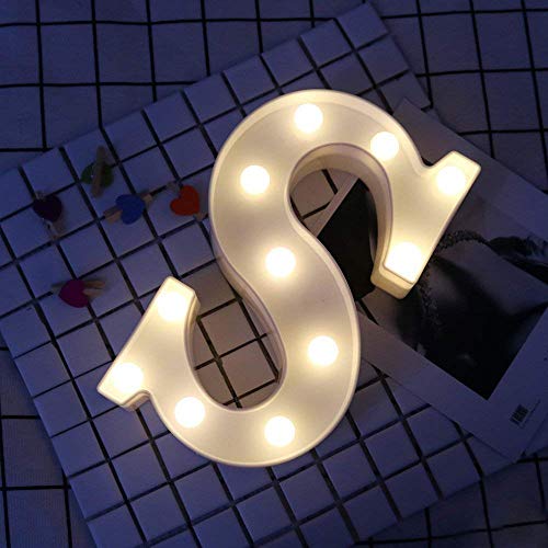 DON LETRA Letras del Alfabeto A-Z con Luces LED, Letras Luminosas Decorativas con Luces LED, 11 Bombillas de LED, 2 Pilas AA, Interruptor, Altura de 22cm, Color Blanco - Letra S