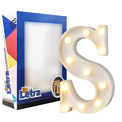 DON LETRA Letras del Alfabeto A-Z con Luces LED, Letras Luminosas Decorativas con Luces LED, 11 Bombillas de LED, 2 Pilas AA, Interruptor, Altura de 22cm, Color Blanco - Letra S