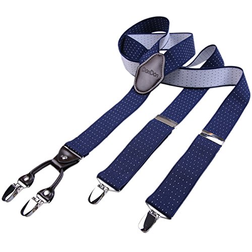 DonDon hombres tirantes 3,5 cm ancho 4 clips con piel cuero marrón de forma Y elástico y con longitud ajustable azul obscuro blanco con lunares