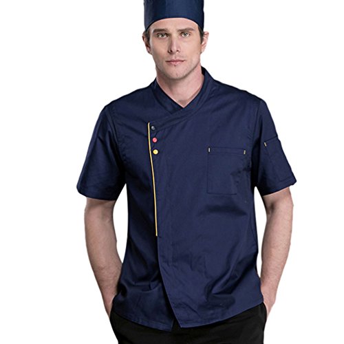 Dooxii Unisexo Hombre Mujeres Verano Manga Corta Camisa de Cocinero Transpirable Chaquetas de Chef Uniforme Cocina Restaurante Occidental Azul Oscuro 3XL