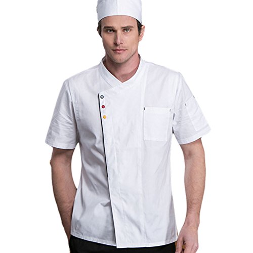 Dooxii Unisexo Hombre Mujeres Verano Manga Corta Camisa de Cocinero Transpirable Chaquetas de Chef Uniforme Cocina Restaurante Occidental Blanco XL