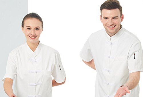 Dooxii Unisexo Mujeres Hombre Moda Verano Manga Corta Camisa de Cocinero Moda Hebilla de Tela Chaquetas de Chef Uniforme Cocina Restaurante Occidenta Blanco(Hebilla de Tela) 3XL