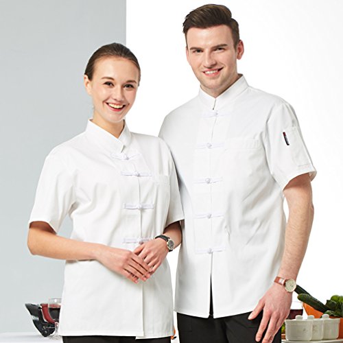 Dooxii Unisexo Mujeres Hombre Moda Verano Manga Corta Camisa de Cocinero Moda Hebilla de Tela Chaquetas de Chef Uniforme Cocina Restaurante Occidenta Blanco(Hebilla de Tela) 3XL