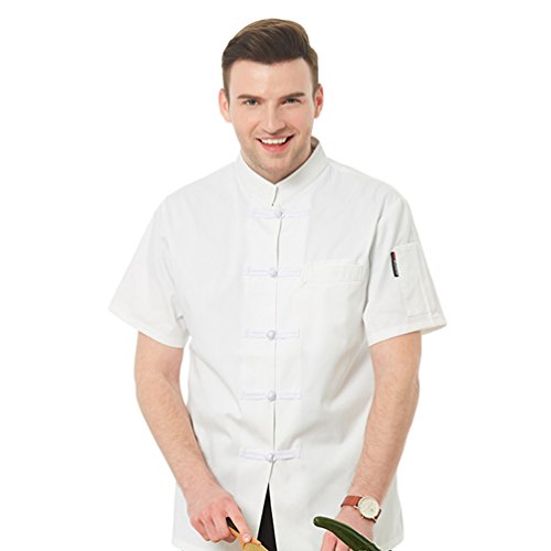 Dooxii Unisexo Mujeres Hombre Moda Verano Manga Corta Camisa de Cocinero Moda Hebilla de Tela Chaquetas de Chef Uniforme Cocina Restaurante Occidenta Blanco(Hebilla de Tela) 3XL