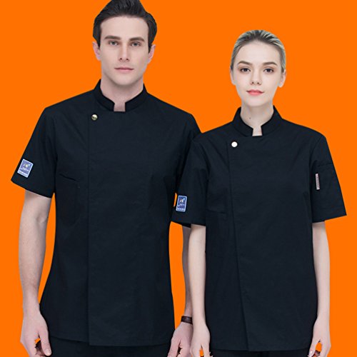 Dooxii Unisexo Mujeres Hombre Moda Verano Manga Corta Camisa de Cocinero Transpirable Chaquetas de Chef Uniforme Cocina Restaurante Occidental Negro 3XL