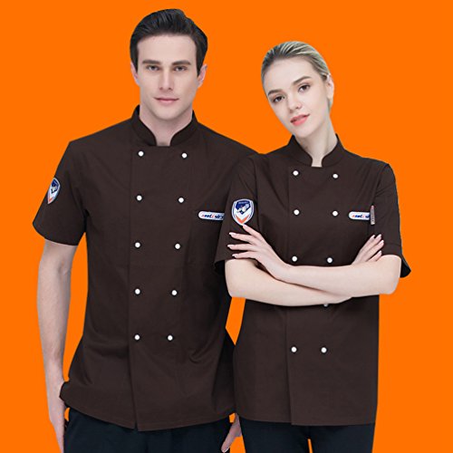 Dooxii Unisexo Mujeres Hombre Moda Verano Manga Corta Camisa de Cocinero Transpirable Chaquetas de Chef Uniforme Restaurante Occidental Cocina Trasera Marrón 3XL