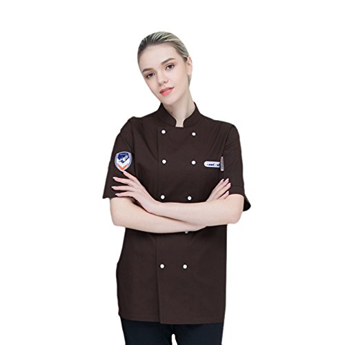 Dooxii Unisexo Mujeres Hombre Moda Verano Manga Corta Camisa de Cocinero Transpirable Chaquetas de Chef Uniforme Restaurante Occidental Cocina Trasera Marrón 3XL