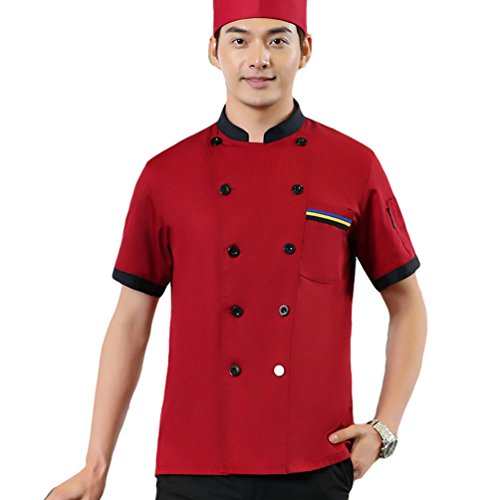 Dooxii Unisexo Mujeres Hombre Verano Manga Corta Camisa de Cocinero Moda Transpirable Chaquetas de Chef Uniforme Cocina Restaurante Occidental Rojo 2XL