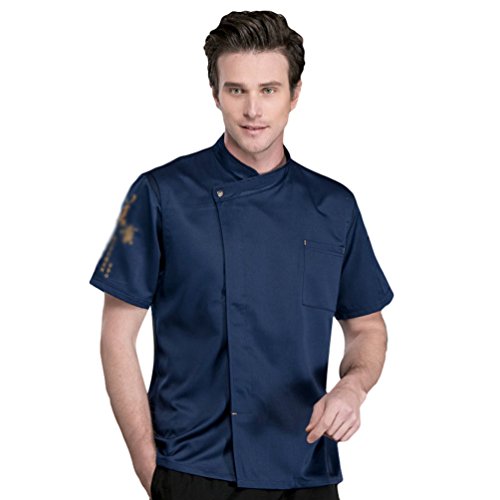 Dooxii Unisexo Mujeres Hombre Verano Manga Corta Camisa de Cocinero Transpirable Chaquetas de Chef Uniforme Cocina Restaurante Occidental Azul 2XL
