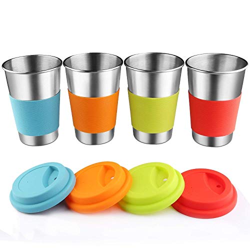 Dorey-Hom Copas de Acero Inoxidable para niños, Vasos para Beber de Metal con Tapas de Silicona, Mangas, Posavasos, Actividades en Interiores y Exteriores (Paquete de 4 16 oz)