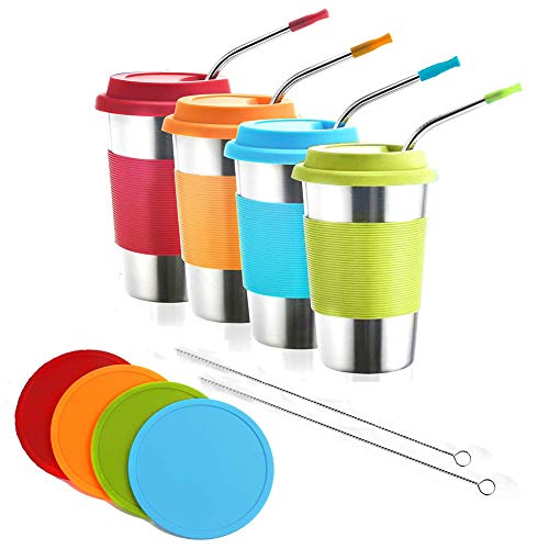 Dorey-Hom Copas de Acero Inoxidable para niños, Vasos para Beber de Metal con Tapas de Silicona, Mangas, Posavasos, Actividades en Interiores y Exteriores (Paquete de 4 16 oz)