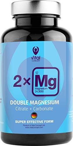 DOUBLE MAGNESIUM - Dosis de 250 mg de magnesio de alta calidad. Doble fuente, 70% de citrato y 30% de carbonato. Apoyo del corazón y los músculos. 90 cápsulas vegetarianas, 45 dias