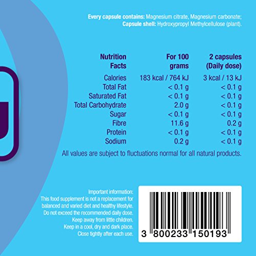 DOUBLE MAGNESIUM - Dosis de 250 mg de magnesio de alta calidad. Doble fuente, 70% de citrato y 30% de carbonato. Apoyo del corazón y los músculos. 90 cápsulas vegetarianas, 45 dias