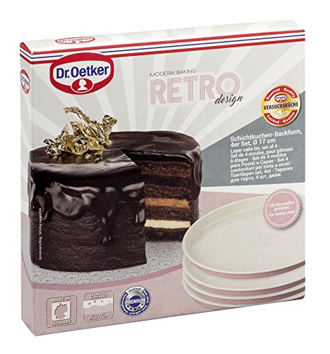 Dr. Oetker 4654 Retro Juego de 4 Capa de Pastel de moldes Diámetro 17 x 3 cm, Chapa de Acero, Color Rosa/Crema, 17 x 17 x 3 cm