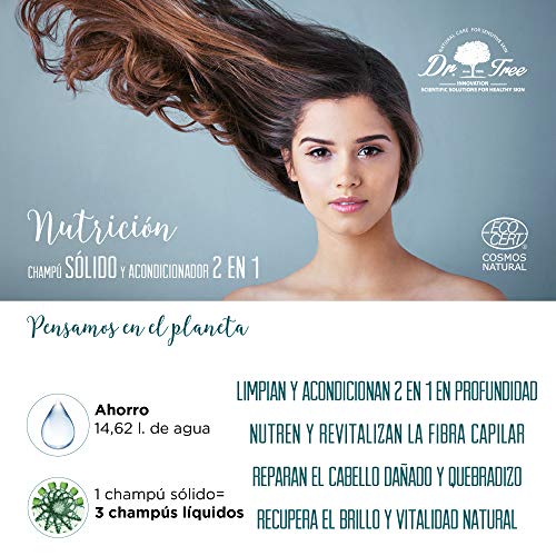 Dr. Tree Nutrición 2 en 1 - Champú Sólido + Acondicionador Ecológico, Nutre, Revitaliza y Repara, Cabello Dañado y Quebradizo, Champú sin SLS, 1 Pastilla = 900ml, 99% Ingred. Naturales ECOCERT