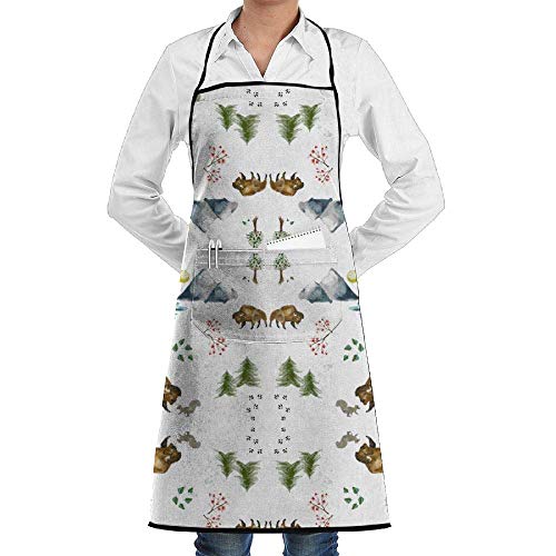 Drempad Delantal Adjustable Bib Apron with Pockets - Commercial Restaurant and Home Kitchen Apron - Buffalo Adventure Fabric (2859) Print