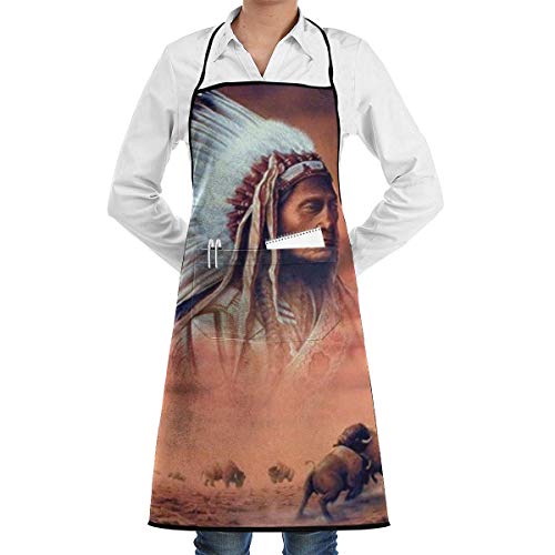 Drempad Delantal Indian Chief and Fighting Buffalo Adjustable Apron for Kitchen BBQ Barbecue Cooking - Cooking Apron,Kitchen Apron,BBQ Apron