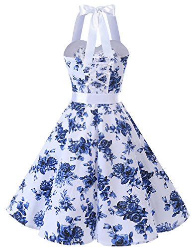 Dresstells - Vestido con cuello halter para mujer, estilo retro rockabilly, años 50, falda plisada para cóctel, vestido festivo Color blanco y azul. XS