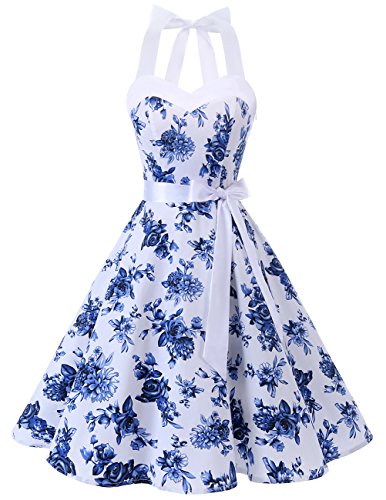 Dresstells - Vestido con cuello halter para mujer, estilo retro rockabilly, años 50, falda plisada para cóctel, vestido festivo Color blanco y azul. XS