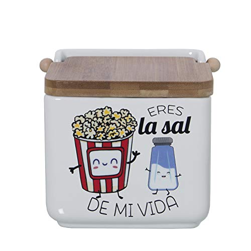 DRW Salero Original cerámica Cuadrado con Tapa bambú 12x12x12 cm (Eres la Sal de mi Vida)