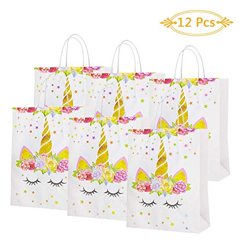 Dsaren 12 Piezas Bolsas de Fiesta Unicornios Reutilizable Bolsas de Regalo Papel con Asas Candy Bags Suministros de Fiesta de Cumpleaños