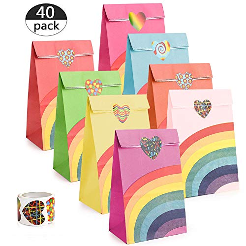 Dsaren 40 Pcs Bolsas de Regalo Papel Arcoiris Bolsa de Fiesta Infantil con 100 Pegatinas Corazon para Boda Navidad Baby Shower Suministros Fiesta de Cumpleaños