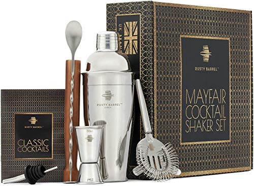 Dsnmm Reg;Mayfair cóctel Haciendo Conjunto Grande de Estilo Manhattan Acero Inoxidable Shaker, Muddler, Colador, Bar Medida, vertedor, Cuchara Receta de folletos |Presentado en una Caja de Regalo DS