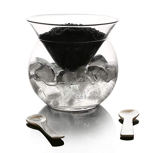 DUEBEL Glass Caviar Chiller Server Set Plus 2 Piezas x Cuchara de Caviar de Madre Perla 8cm - Universal Martini, Wine, Licor Cocktail Chiller