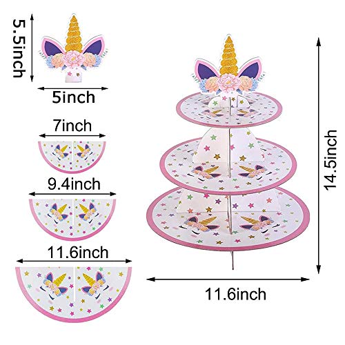 Dulau 1 Pieza Soporte para Cupcakes Postre Cartón, Soporte de Magdalenas de Cartón Unicornio de 3 Niveles, Redondo Soporte de Postre, para Bebé Shower Niños Fiesta Cumpleaños Party Temático
