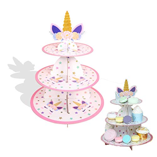 Dulau 1 Pieza Soporte para Cupcakes Postre Cartón, Soporte de Magdalenas de Cartón Unicornio de 3 Niveles, Redondo Soporte de Postre, para Bebé Shower Niños Fiesta Cumpleaños Party Temático