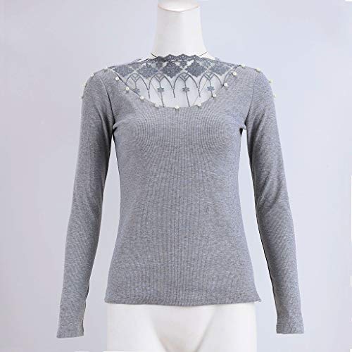 Dumai - Blusa de Manga Larga para Mujer, con Encaje y Cuentas de Perlas, Cuello Redondo, Tejida, Informal, Blusa, Gris, Small