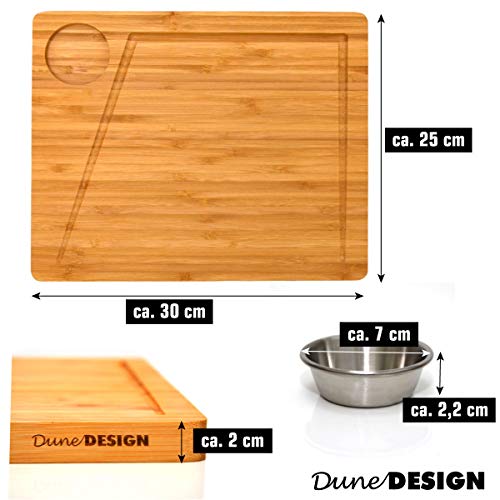 DuneDesign Juego de 4 - Tabla de Servir Bambú y Tazón de Salsa 30x25cm Plato de Madera para Bistec