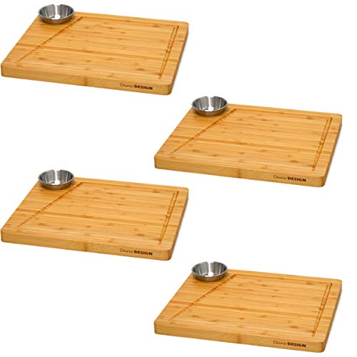 DuneDesign Juego de 4 - Tabla de Servir Bambú y Tazón de Salsa 30x25cm Plato de Madera para Bistec